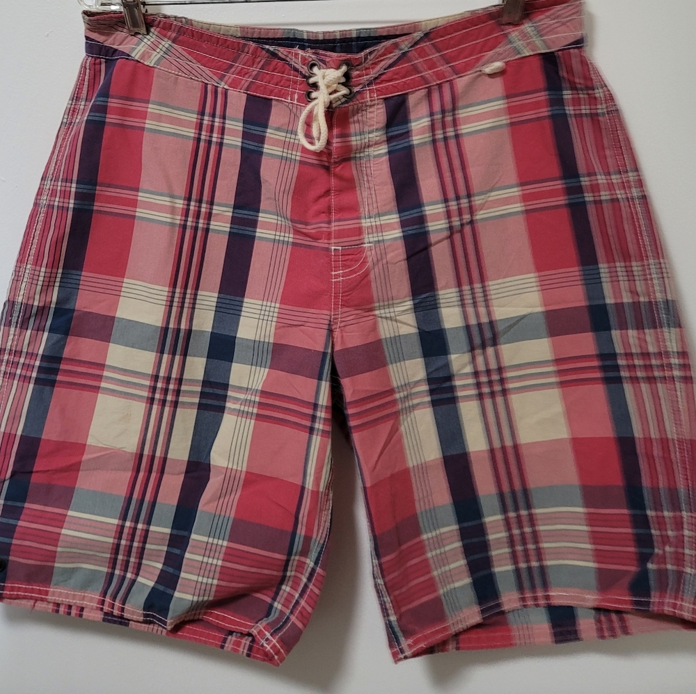 Vintage Polo Ralph Lauren Swim Shorts Pink Plaid Cotton Blend 9 Inch Size 34